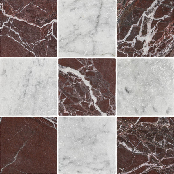 Rosso Levanto 4" x 4" Soft Tumbled & Bianco Carrara 4" x 4" Tumbled Checkerboard Board