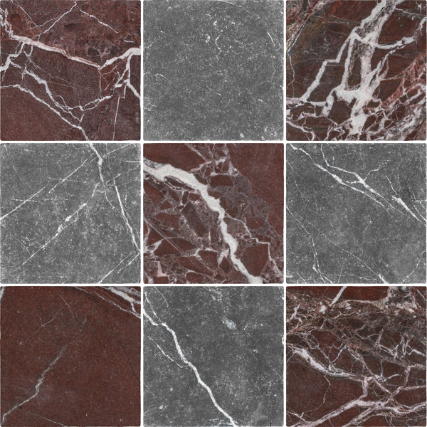 Rosso Levanto 4" x 4" Soft Tumbled & Black Marble 4" x 4" Tumbled Checkerboard Board