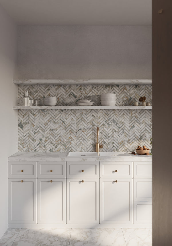 Calacatta Green 1" x 4" Herringbone Mosaic Honed