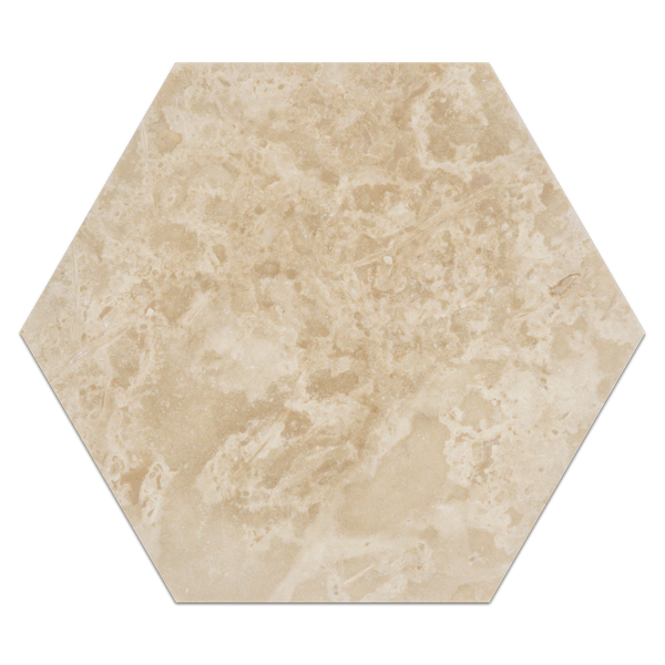 Travertino marfil claro de corte transversal, hexágono de 10,5" pulido y relleno