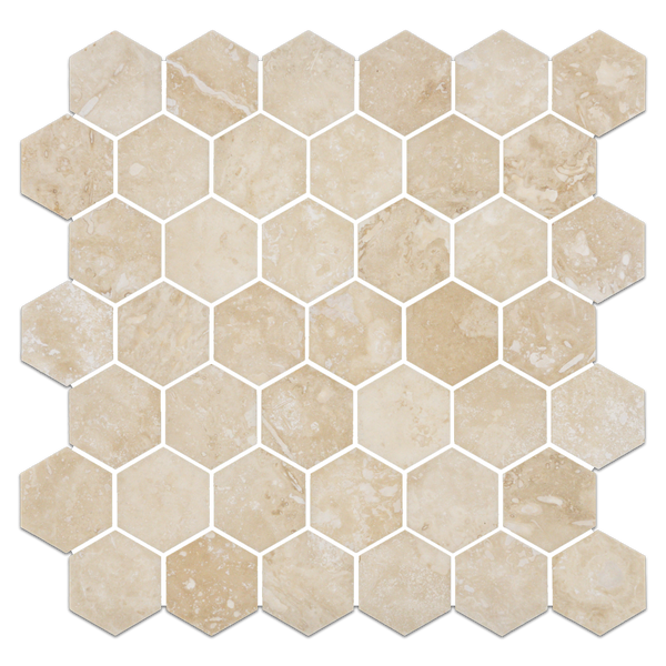 Mosaico hexagonal de travertino marfil claro de corte cruzado, pulido y relleno de 2"