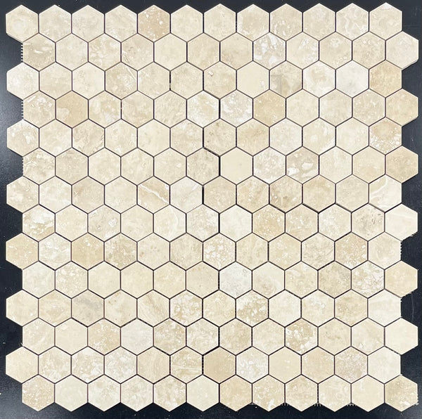 Cross-Cut Light Ivory Travertine 2" Hexagon Mosaic Honed & Filled