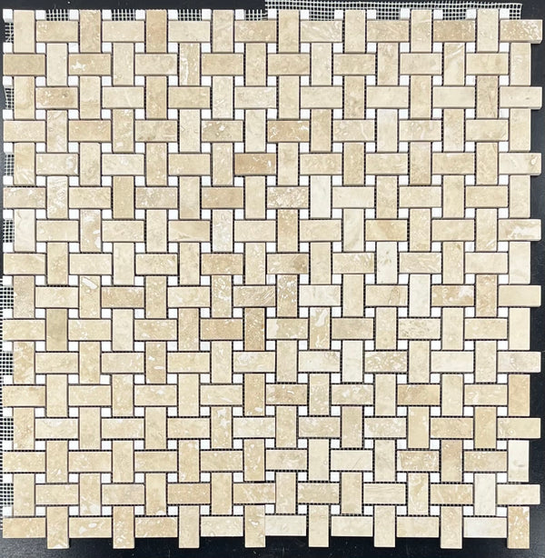 Tejido de cesta de travertino marfil claro de corte transversal con mosaico de puntos de dolomita de 3/8" pulido y relleno