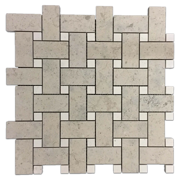 Quartier Parisien Basketweave with 5/8" Vague de Fleurs Dot Mosaic Honed