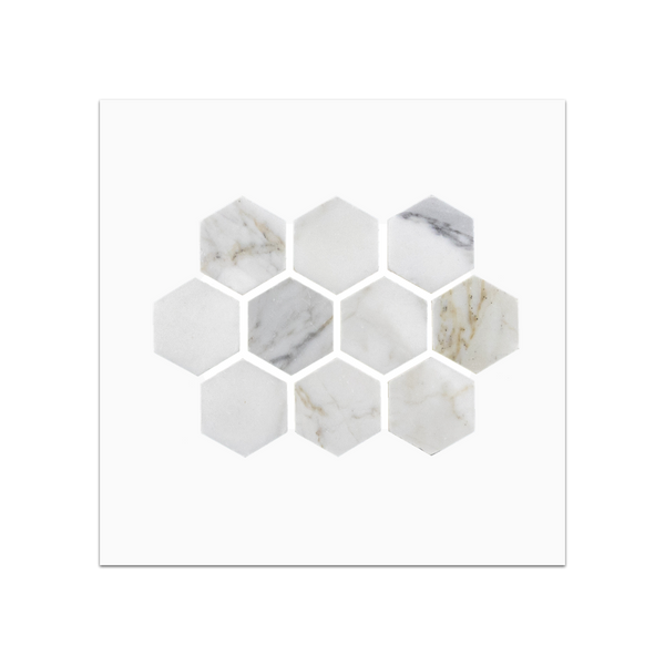 S102 - Tarjeta de muestra pulida con mosaico hexagonal Calacatta Gold de 1 1/4"