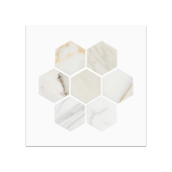 S103 - Tarjeta de muestra pulida con mosaico hexagonal Calacatta Gold de 2"