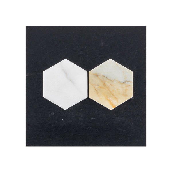 S104H - Tarjeta de muestra pulida con mosaico hexagonal Calacatta Gold de 3"