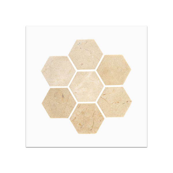 S106H - Tarjeta muestrario pulida con mosaico hexagonal Crema Marfil de 2"
