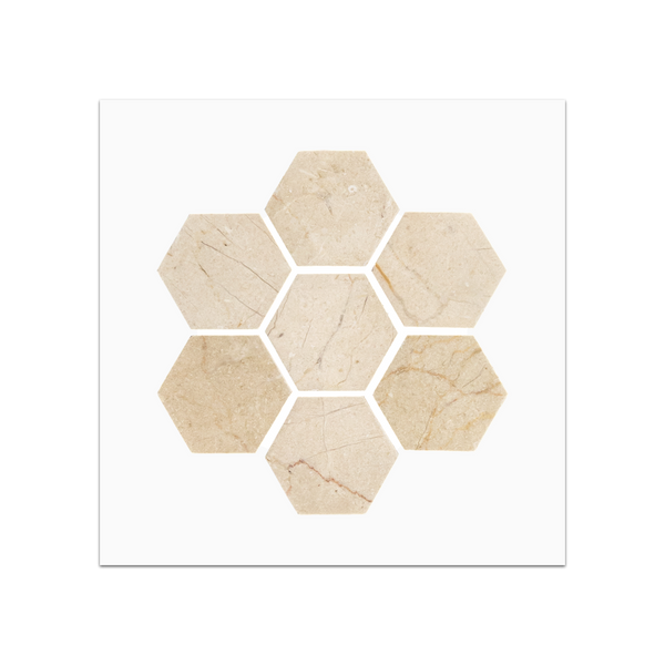 S106P - Tarjeta de muestra pulida con mosaico hexagonal Crema Marfil de 2"