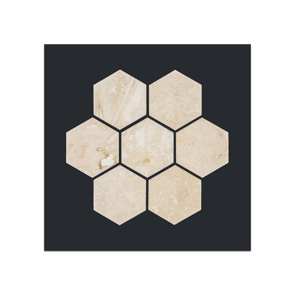 S129 - Light Ivory Travertine 2" Hexagon Mosaic Honed & Filled Swatch