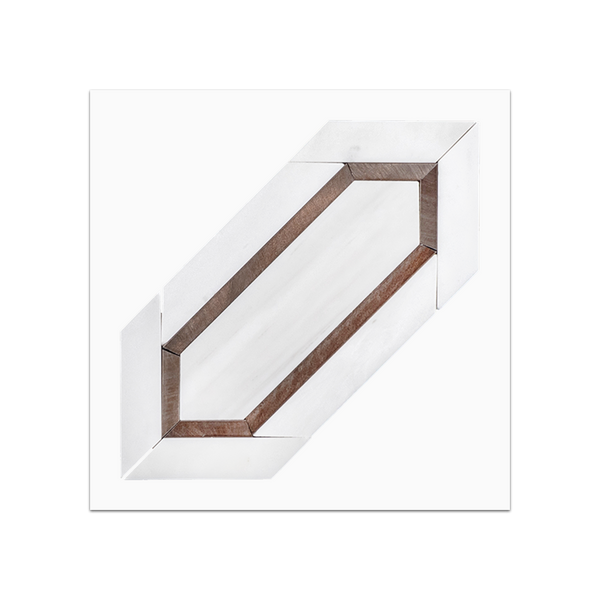 S19 - Piquete de dolomita con tarjeta muestrario pulida con mosaico de aluminio rosa cobre