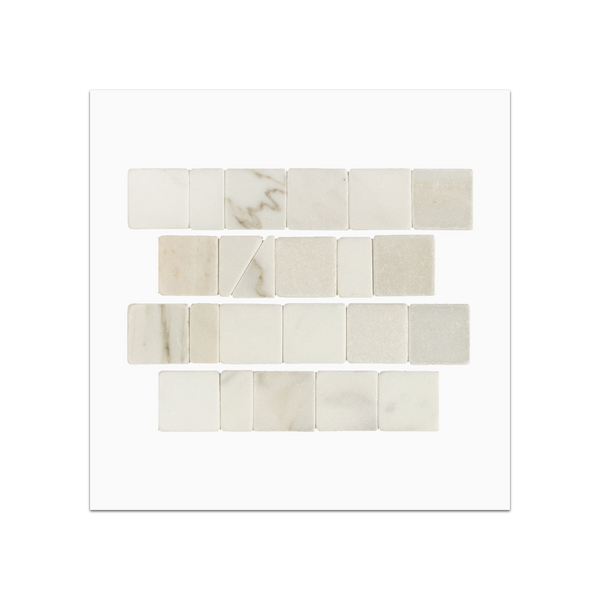 S196T - Calacatta Gold Random Broken Joint Mosaic Tumbled Swatch Card