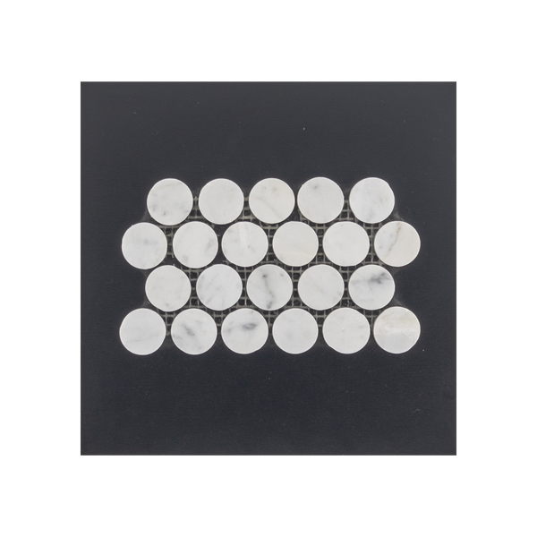S202H - Tarjeta de muestra pulida con mosaico redondo de 1" Bianco Carrara