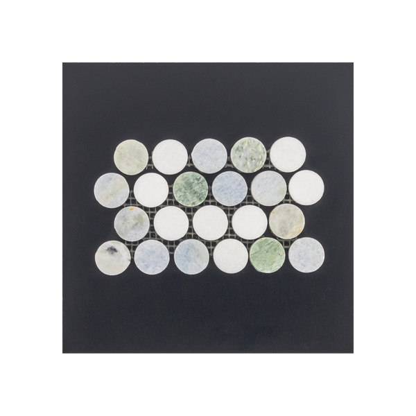 S204 - Blue Celeste 1" Rounds with Ming Green and White Thassos Mosaic Polished Swatch Card