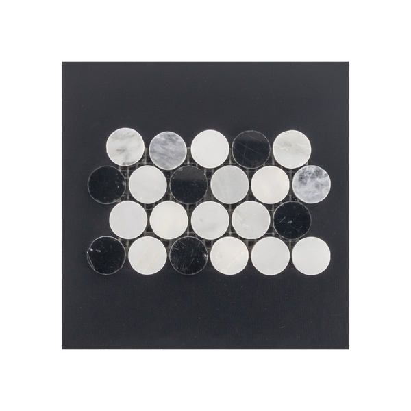 S208 - Rondas de 1" en gris Pacífico con tarjeta de muestra pulida en mosaico blanco perla y negro