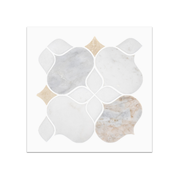 S231 - Bianco Oro Silhouette with White Thassos & Crema Marfil Mosaic Honed Swatch Card