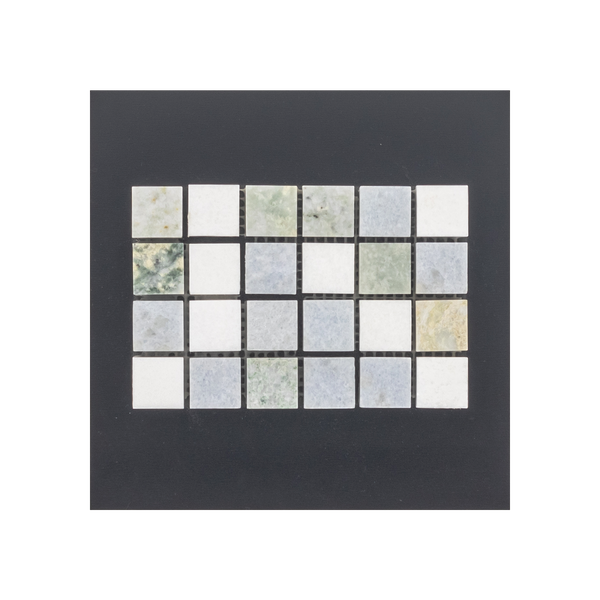 S244 - Blue Celeste 1" Square Tri Blend with Ming Green and White Thassos Mosaic Swatch Card