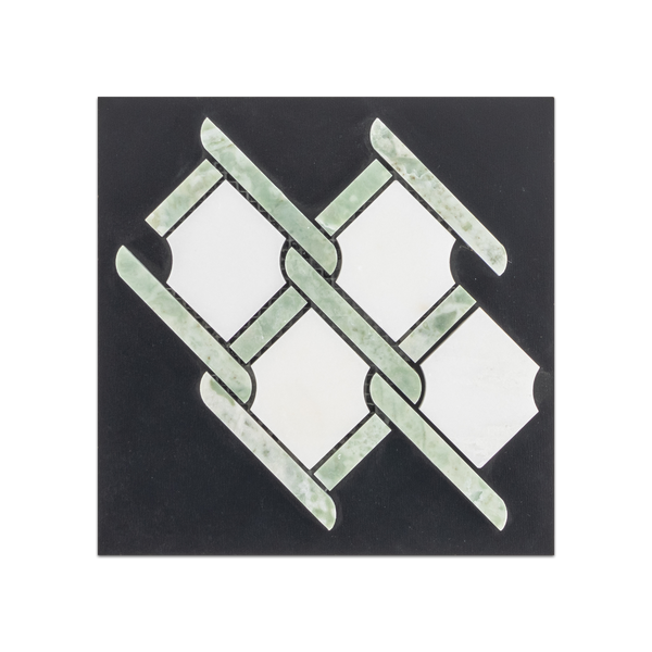 S29 - Tarjeta muestraria pulida con mosaico de barra verde esmeralda y Argyle absoluto blanco