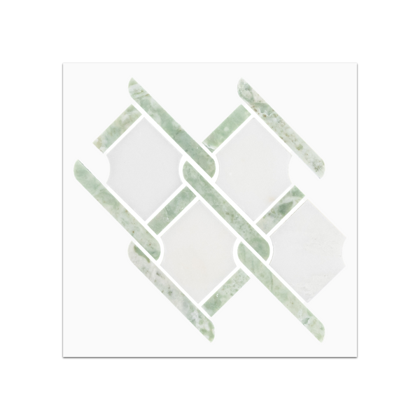 S29 - White Absolute Argyle with Emerald Green Bar Mosaic Polished Swatch Card