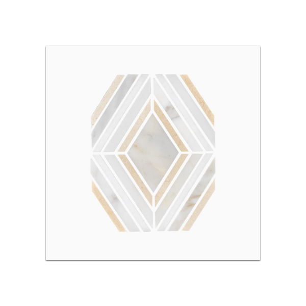 S307 - Calacatta Petite Jewel with White Thassos & Crema Marfil Mosaic Honed Swatch Card