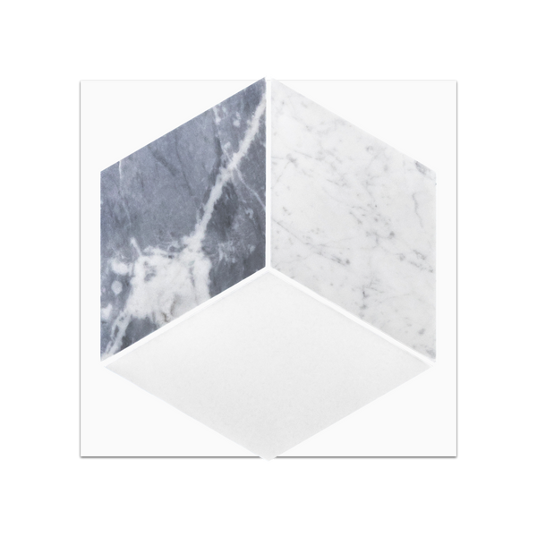 S313 - White Thassos, Bianco Carrara & Bardiglio Nuvolato Trillium Mosaic Honed Swatch Card