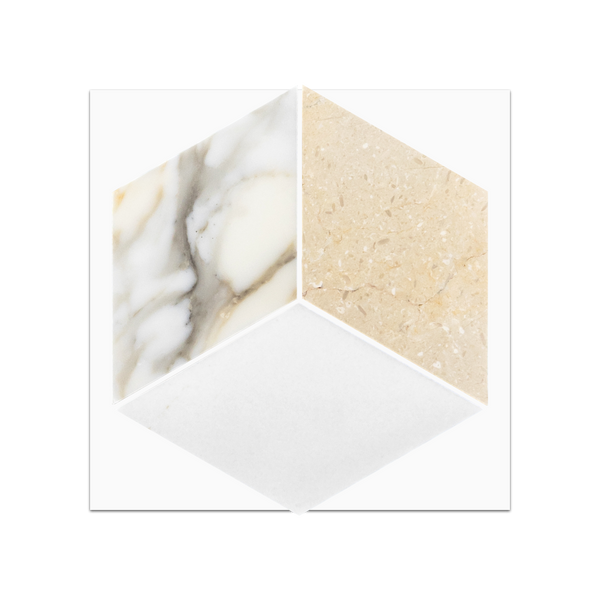 S314 - White Thassos, Calacatta Gold & Crema Marfil Trillium Mosaic Honed Swatch Card