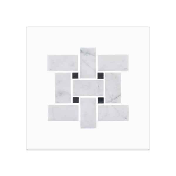 S32H - Bianco Carrara Basketweave with Black 3/8" Dot Mosaic Honed Swatch Card