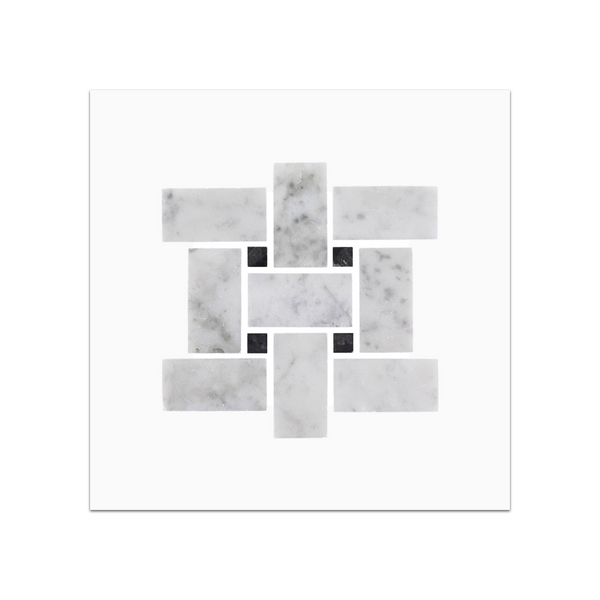 S32P - Bianco Carrara Basketweave with Black 3/8" Dot Mosaic Polished Swatch Card