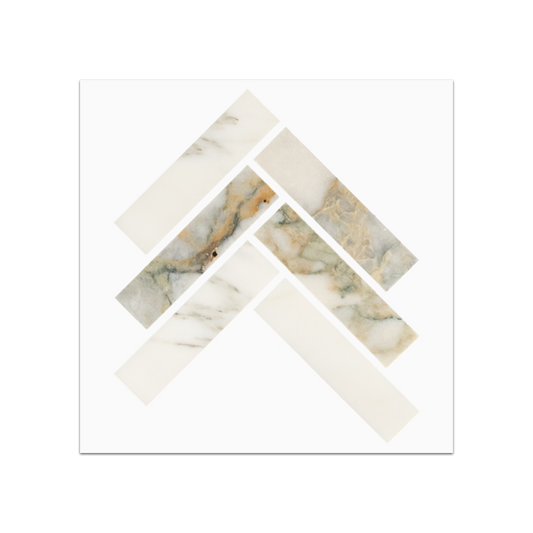 S332 - Calacatta Green 1" x 4" Herringbone Mosaic Honed Swatch Card