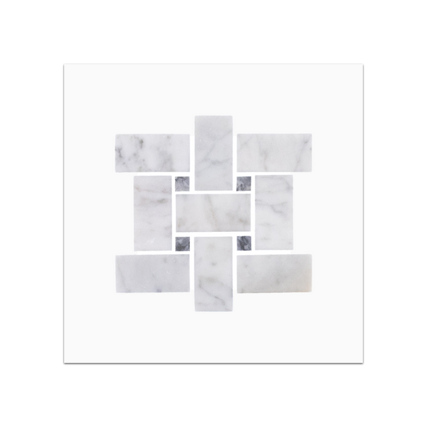 S34 - Tejido de cesta Bianco Carrara con tarjeta de muestra pulida con mosaico de puntos de 3/8" en gris Pacífico