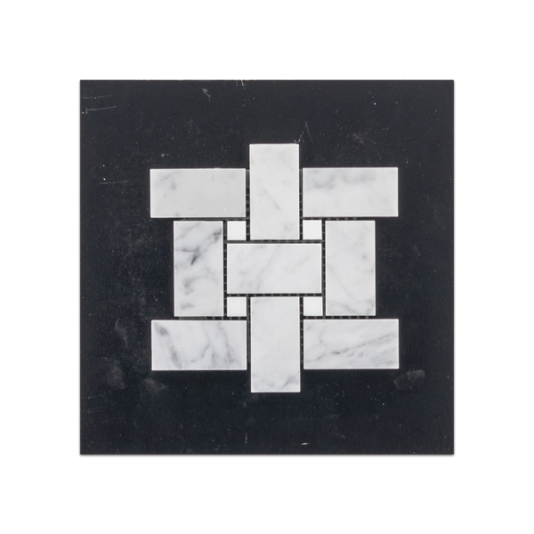 S35 - Tejido de cesta Bianco Carrara con tarjeta de muestra pulida con mosaico de puntos Thassos blanco de 3/8"