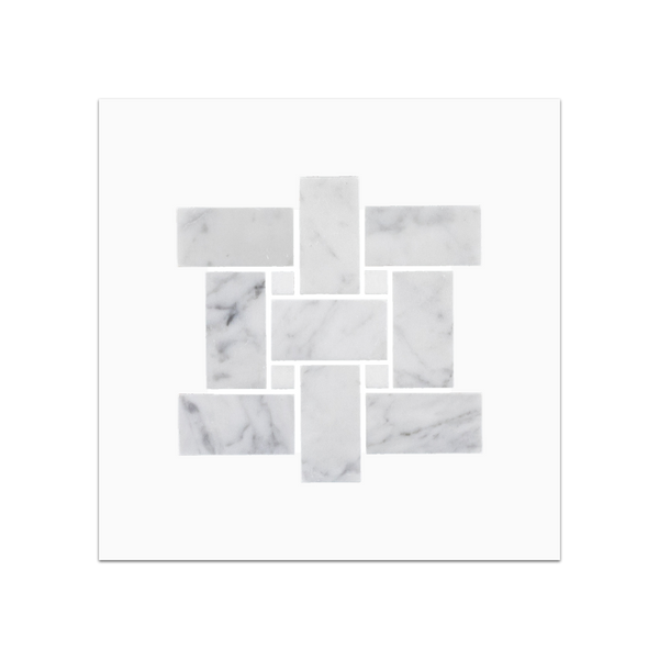 S35 - Bianco Carrara Basketweave with White Thassos 3/8" Dot Mosaic Honed Swatch Card
