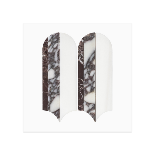S363 - Rosso Levanto, Bianco Violetta & Dolomite Tri-Blend Wave Mosaic Honed Swatch Card