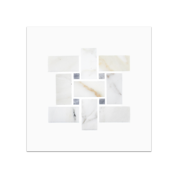 S39 - Calacatta Gold Basketweave with Pacific Gray 3/8" Dot Mosaic Honed Swatch Card