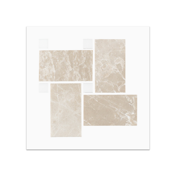 S404 - Vanilla Royale Extra Large Basketweave with 5/8" Dolomite Dot Mosaic Honed