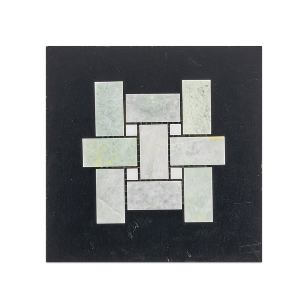 S43P - Tejido de cesta verde Ming con tarjeta de muestra pulida de mosaico de puntos absolutos blancos de 3/8"