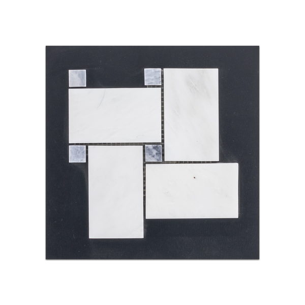 S46 - Tejido de cesta blanco perla extra grande con tarjeta de muestra pulida con mosaico de puntos gris pacífico de 5/8"