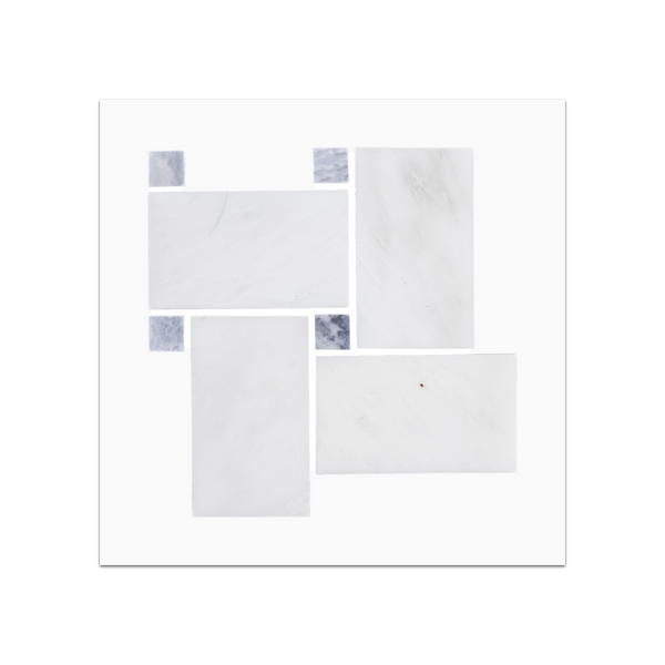 S46 - Pearl White Basketweave Extra Large with Pacific Gray 5/8" Dot Mosaic Honed Swatch Card