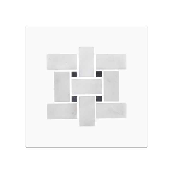 S47H - Pearl White Basketweave with Black 3/8" Dot Mosaic Honed Swatch Card