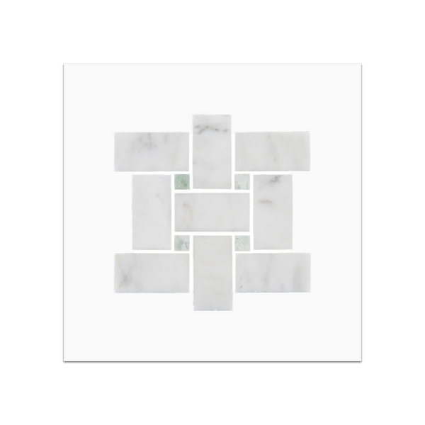 S48H - Pearl White Basketweave with 3/8" Emerald Green Dot Mosaic Honed Swatch Card