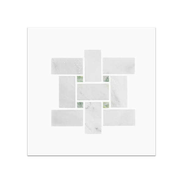 S48P - Pearl White Basketweave with Emerald Green 3/8" Dot Mosaic Polished Swatch Card