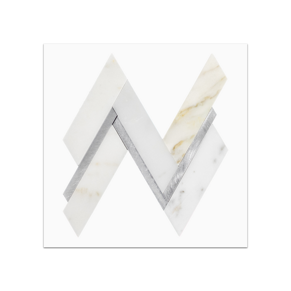 S4 - Calacatta Gold Herringbone with Silver Aluminum Mosaic Polished Swatch Card - Elon Tile & Stone