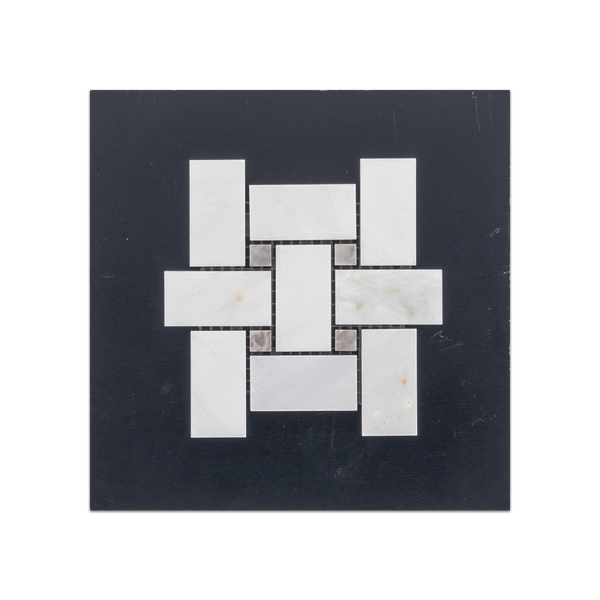 S51 - Tejido de cesta blanco perla con tarjeta de muestra pulida con mosaico de puntos de 3/8" gris templo