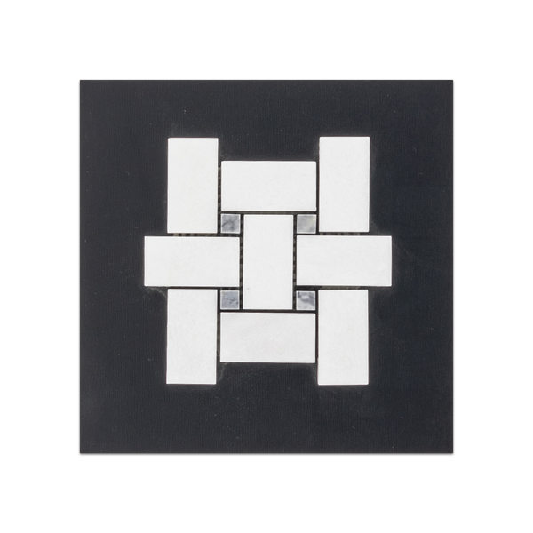 S54P - Tejido de cesta Thassos blanco con mosaico de puntos gris Pacífico de 3/8" Tarjeta de muestra pulida
