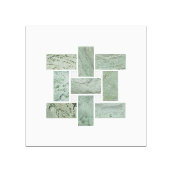 S58 - Emerald Green Basketweave with 3/8" White Thassos Dot Mosaic Honed Swatch Card