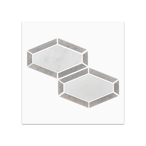 S68 - Pearl White Diamondback with Sand Dollar Mosaic Honed Swatch Card - Elon Tile & Stone