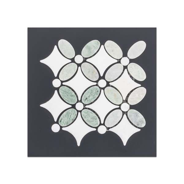 S72 - Tarjeta muestrario pulida de flor verde Ming con mosaico de Thassos blanco