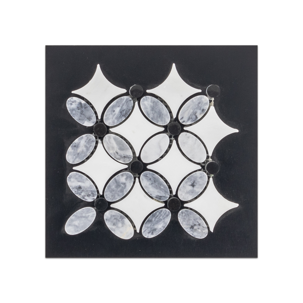 S73 - Tarjeta muestrario pulida con mosaico de puntos blancos y negros, flor gris pacífica