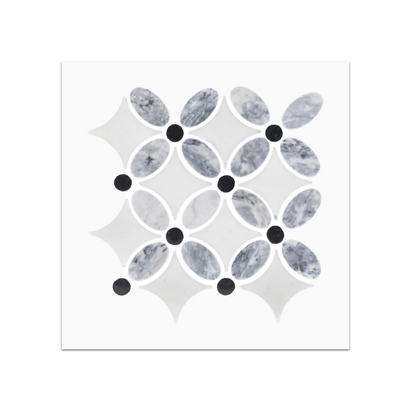 S73 - Tarjeta muestrario pulida con mosaico de puntos blancos y negros, flor gris pacífica