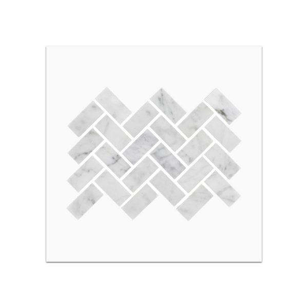 S75 - Bianco Carrara 5/8" x 1 1/4" Tarjeta de muestra pulida con mosaico en espiga